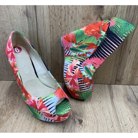 Aldo Women Hazinski Wedge Sandals Floral Fabric Print Slip On Peep Toe Size 6.5 - Picture 1 of 16